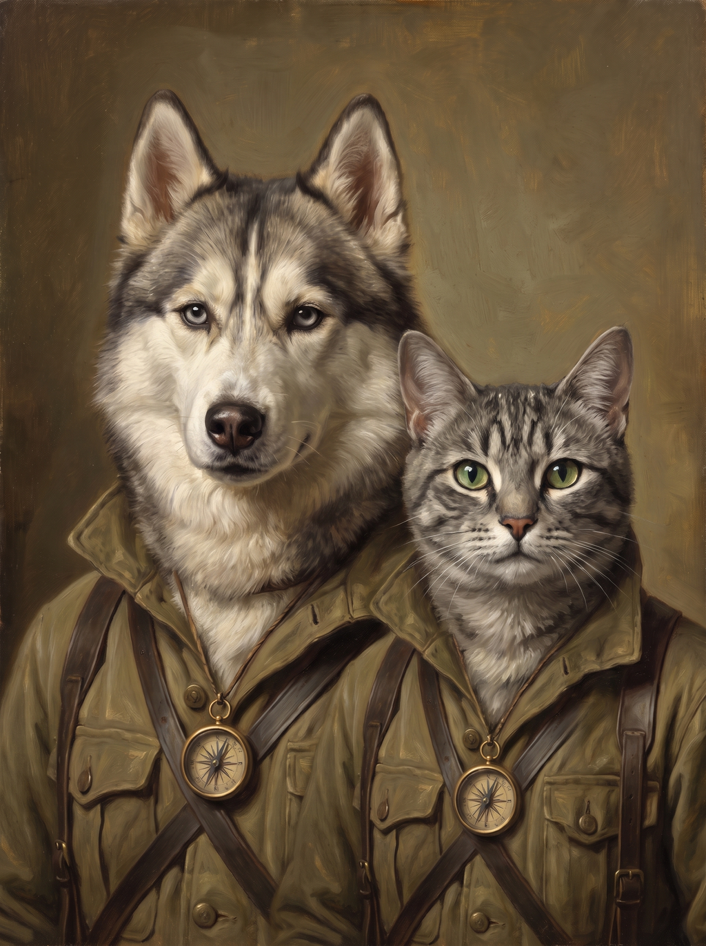Two pets in one Explorer portrait: a dog and a cat side by side in the field coat
