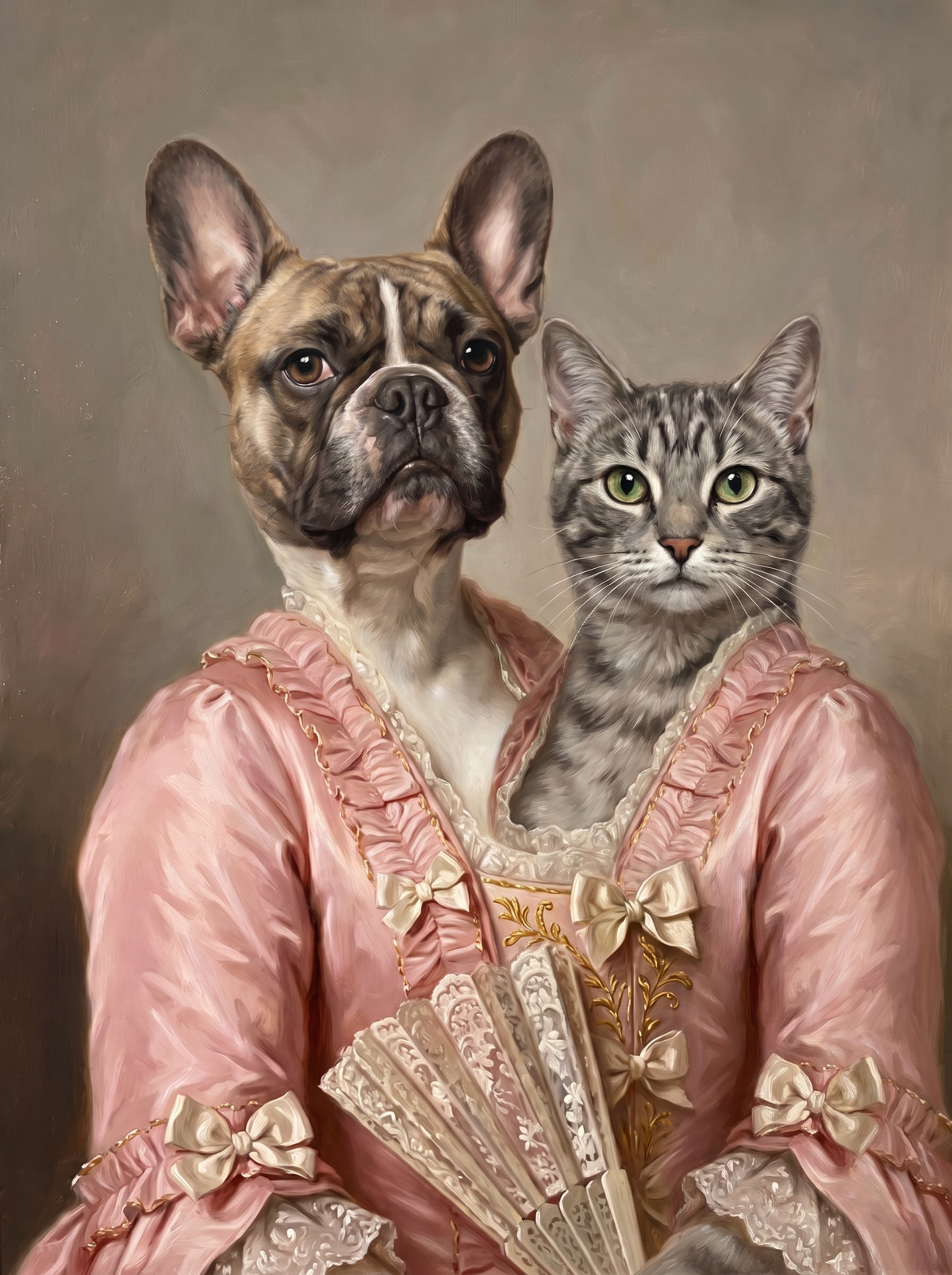 Two pets in one Marquise portrait: a dog and a cat side by side in the rococo gown