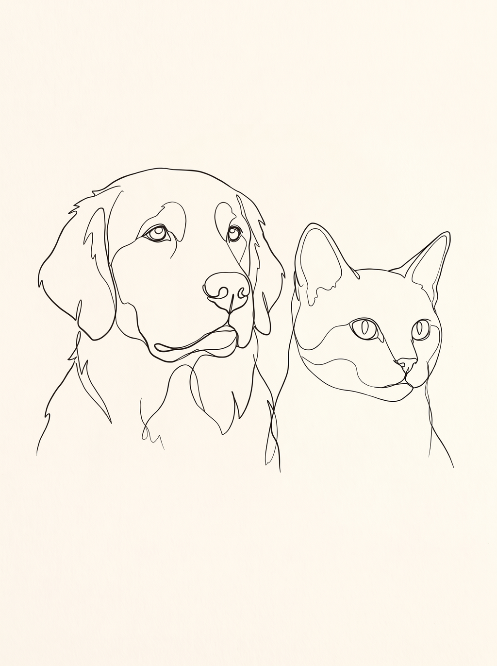 Two pets in one Studio Line drawing: a dog and a cat side by side in a single ink line