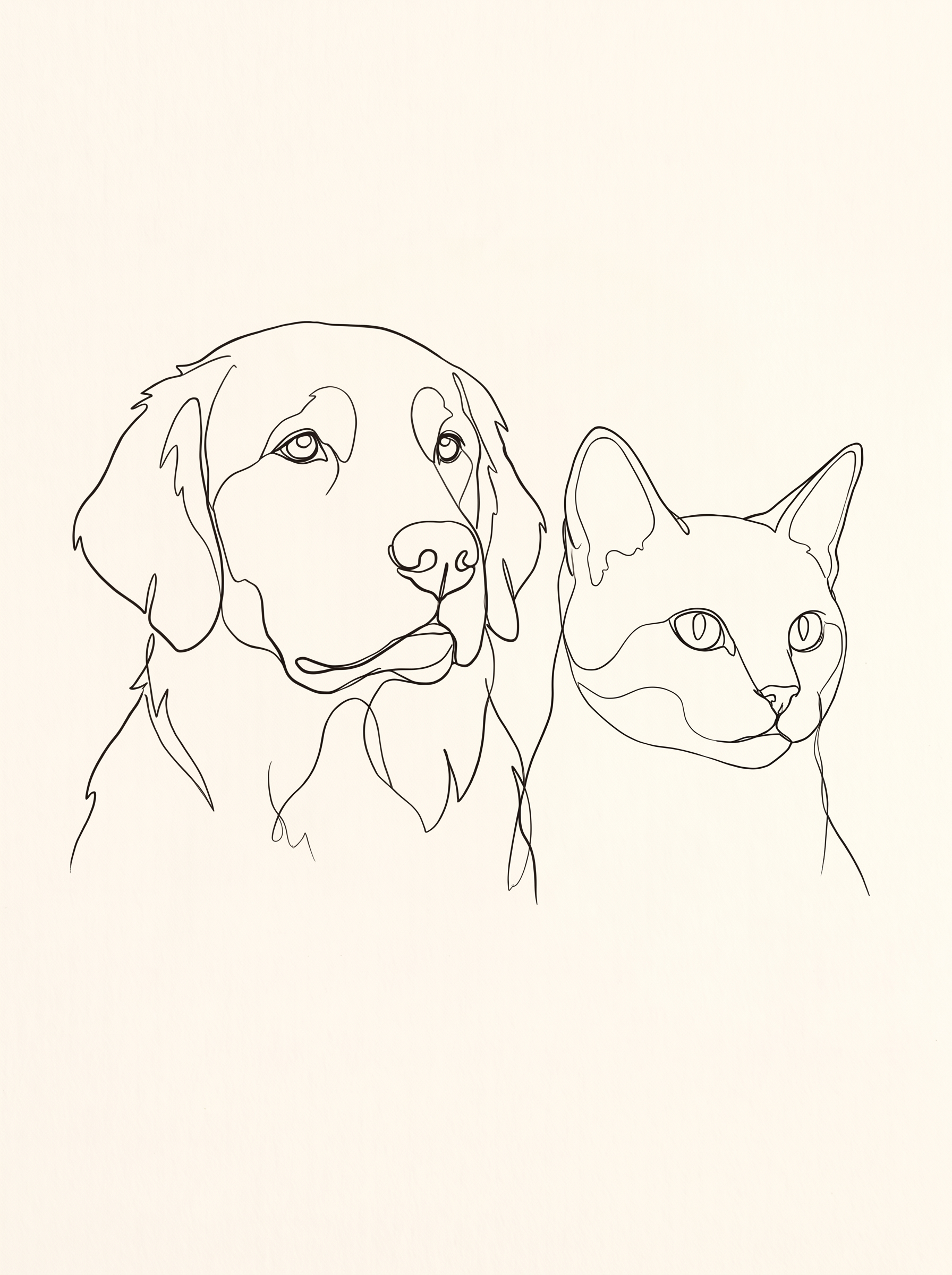 Two pets in one Studio Line drawing: a dog and a cat side by side in a single ink line