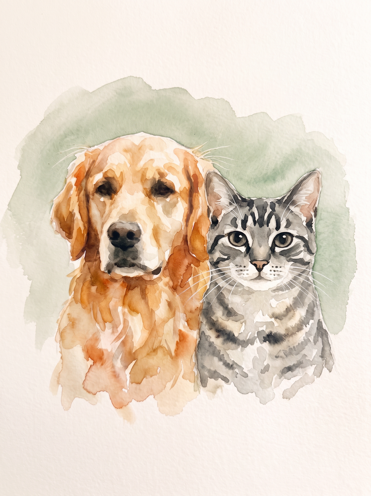Two pets in one Studio Watercolor portrait: a dog and a cat side by side in one wash