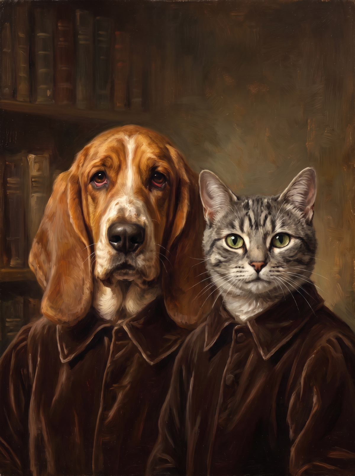 Two pets in one Scholar portrait: a dog and a cat side by side in front of the library shelves