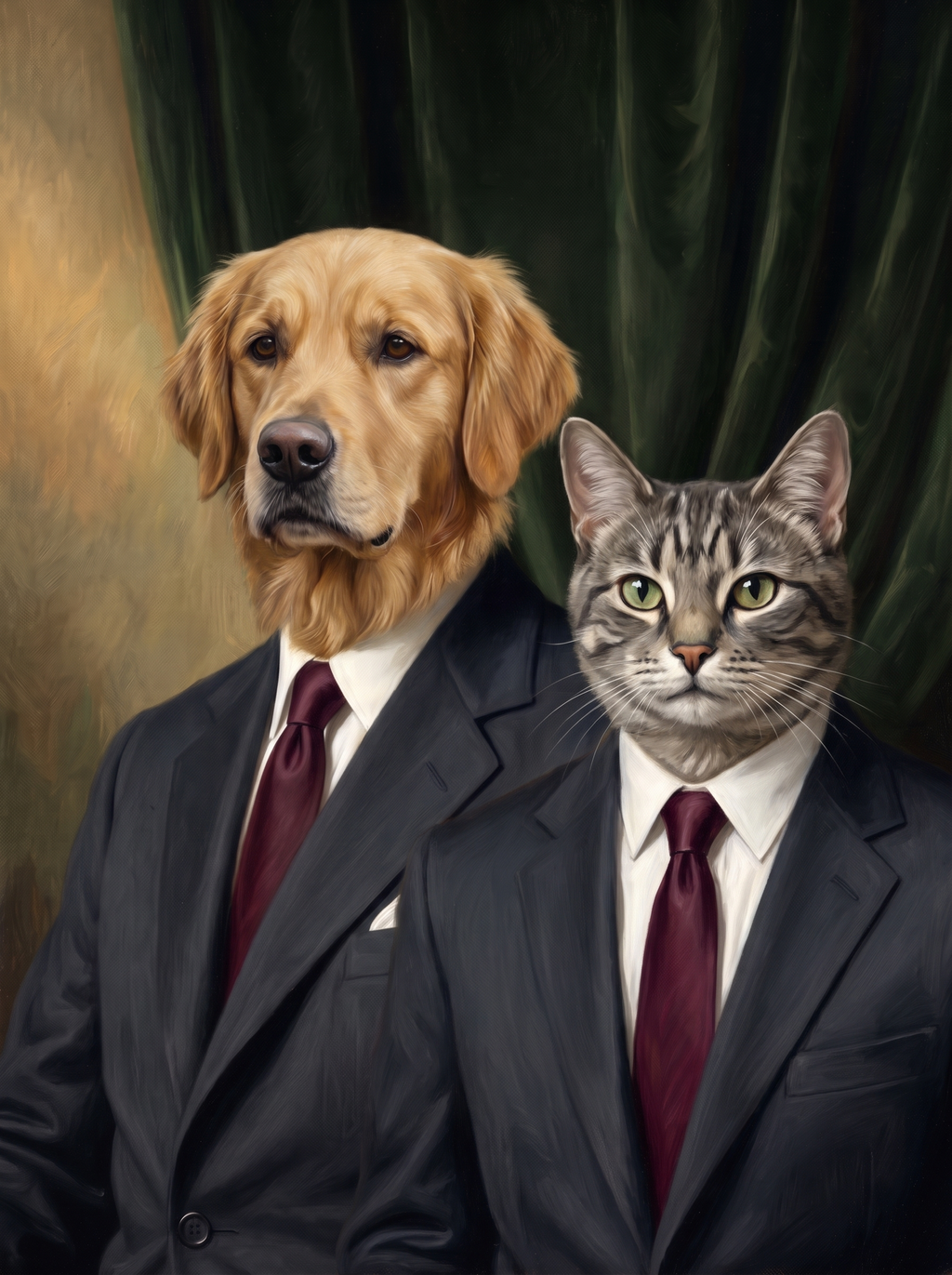 Two pets in one President portrait: a dog and a cat side by side in dark suits