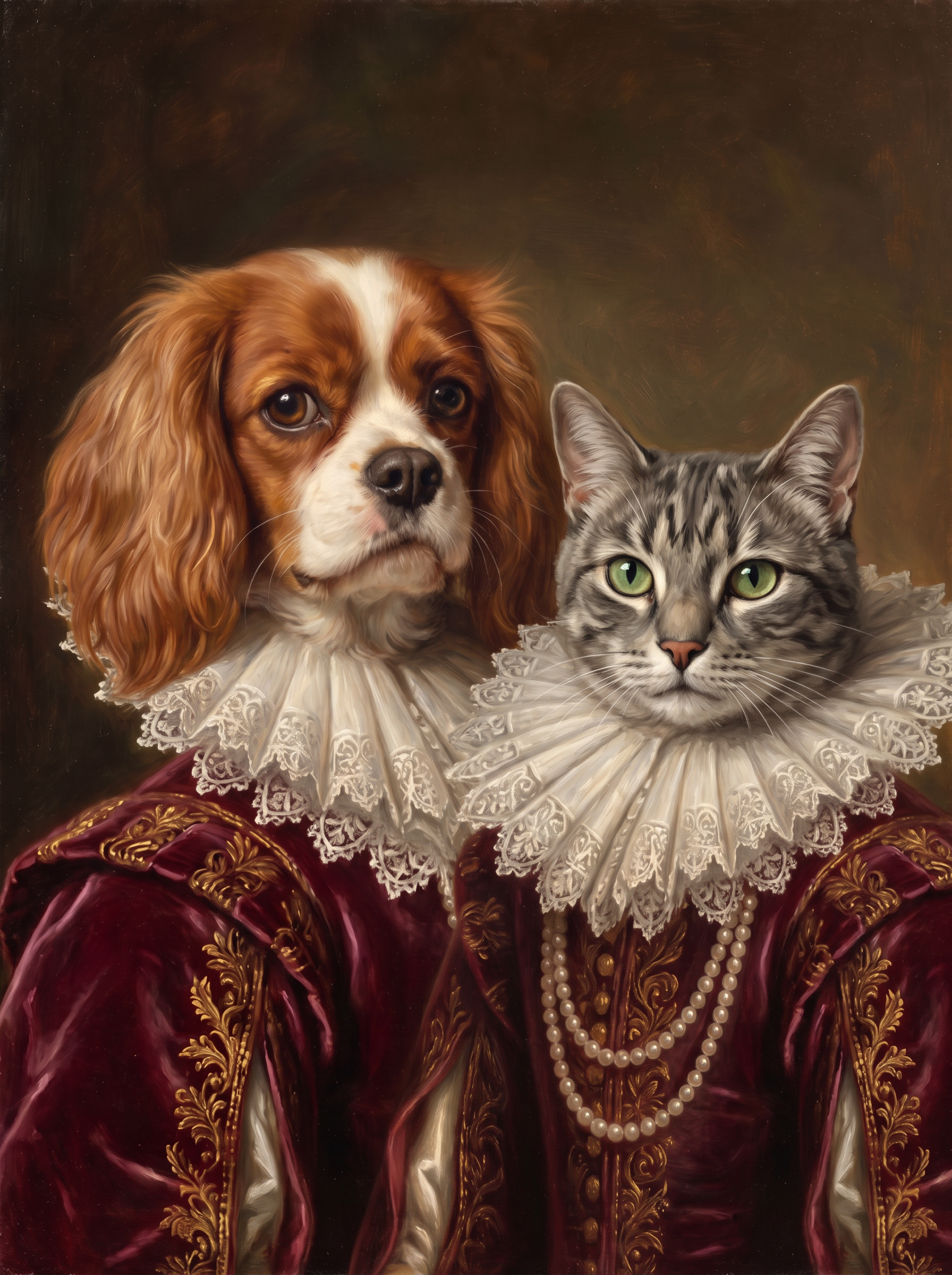 Two pets in one Duchess portrait: a dog and a cat side by side in the wine-red gown