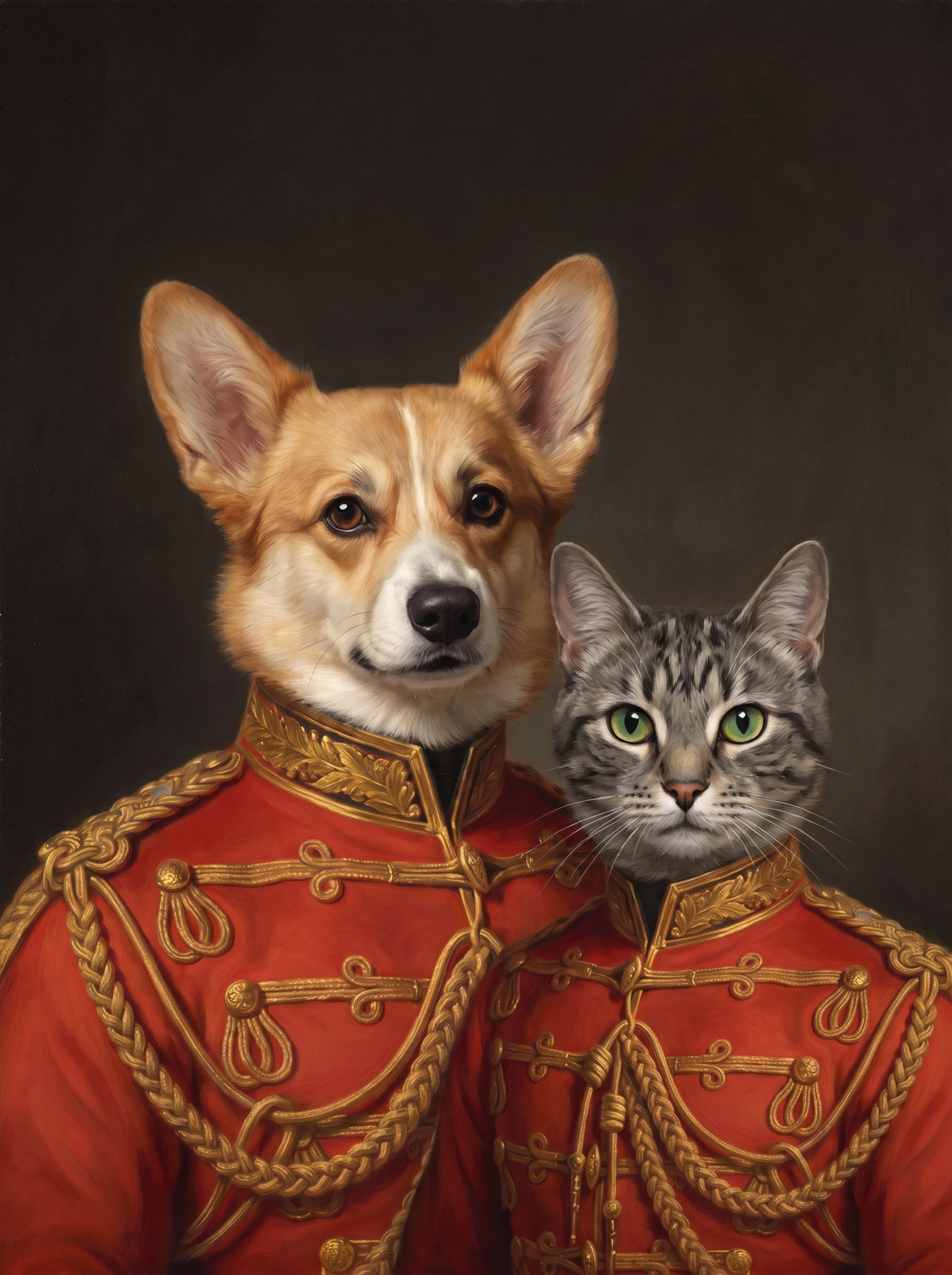 Two pets in one Captain portrait: a dog and a cat side by side in the scarlet tunic