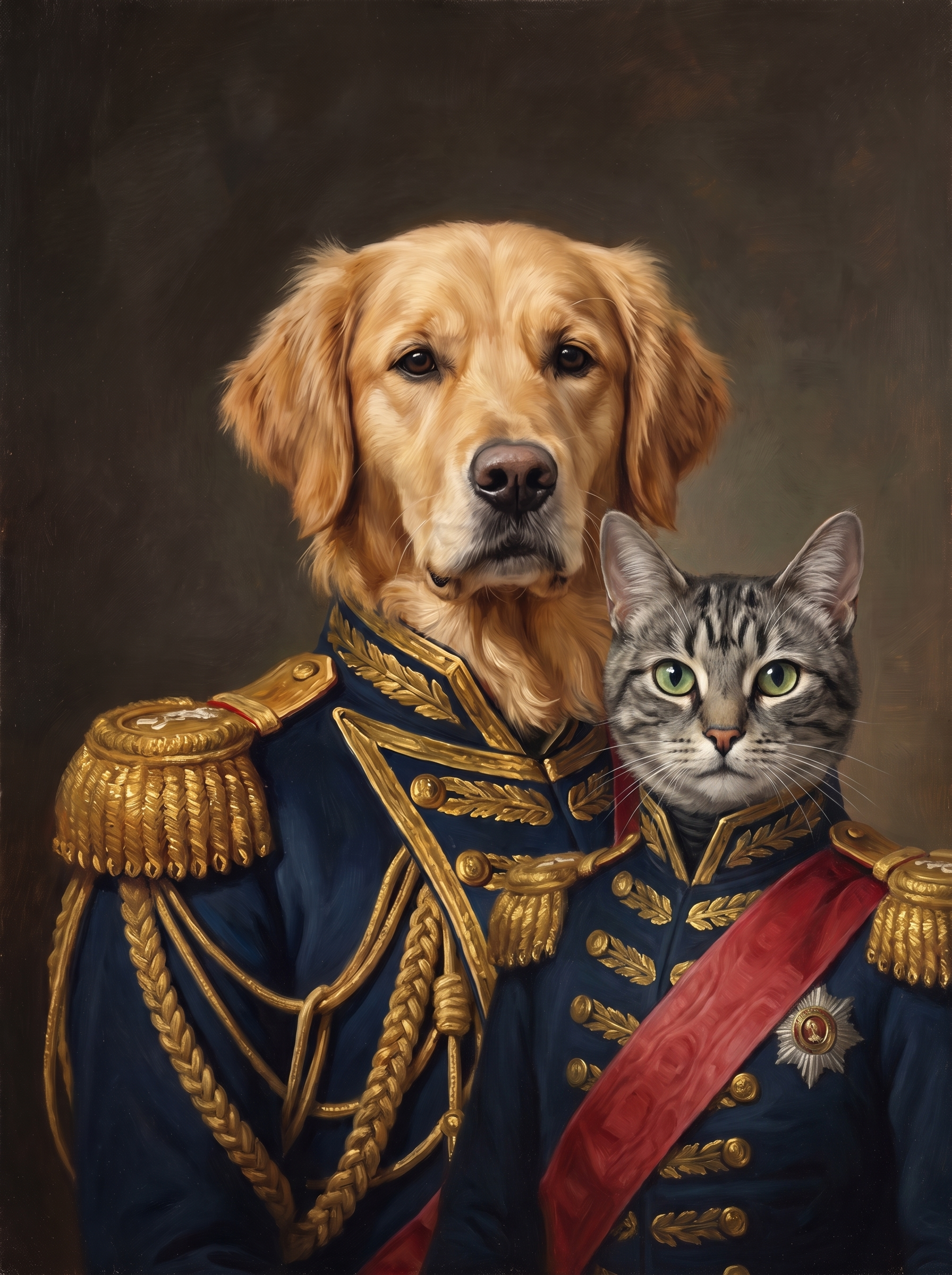 Two pets in one Admiral portrait: a dog and a cat side by side in the naval coat