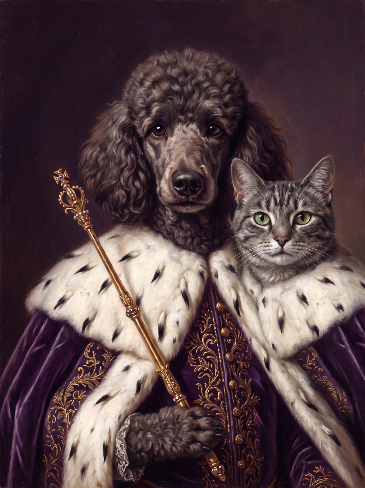 Two pets in one Empress portrait: a dog and a cat side by side in the purple ermine robe