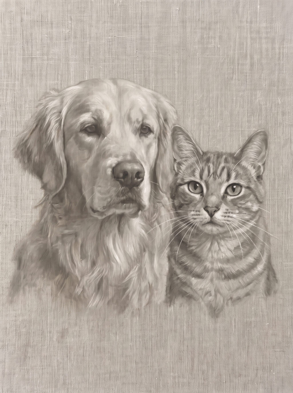 Two pets in one Forever Linen portrait: a dog and a cat side by side on textured linen