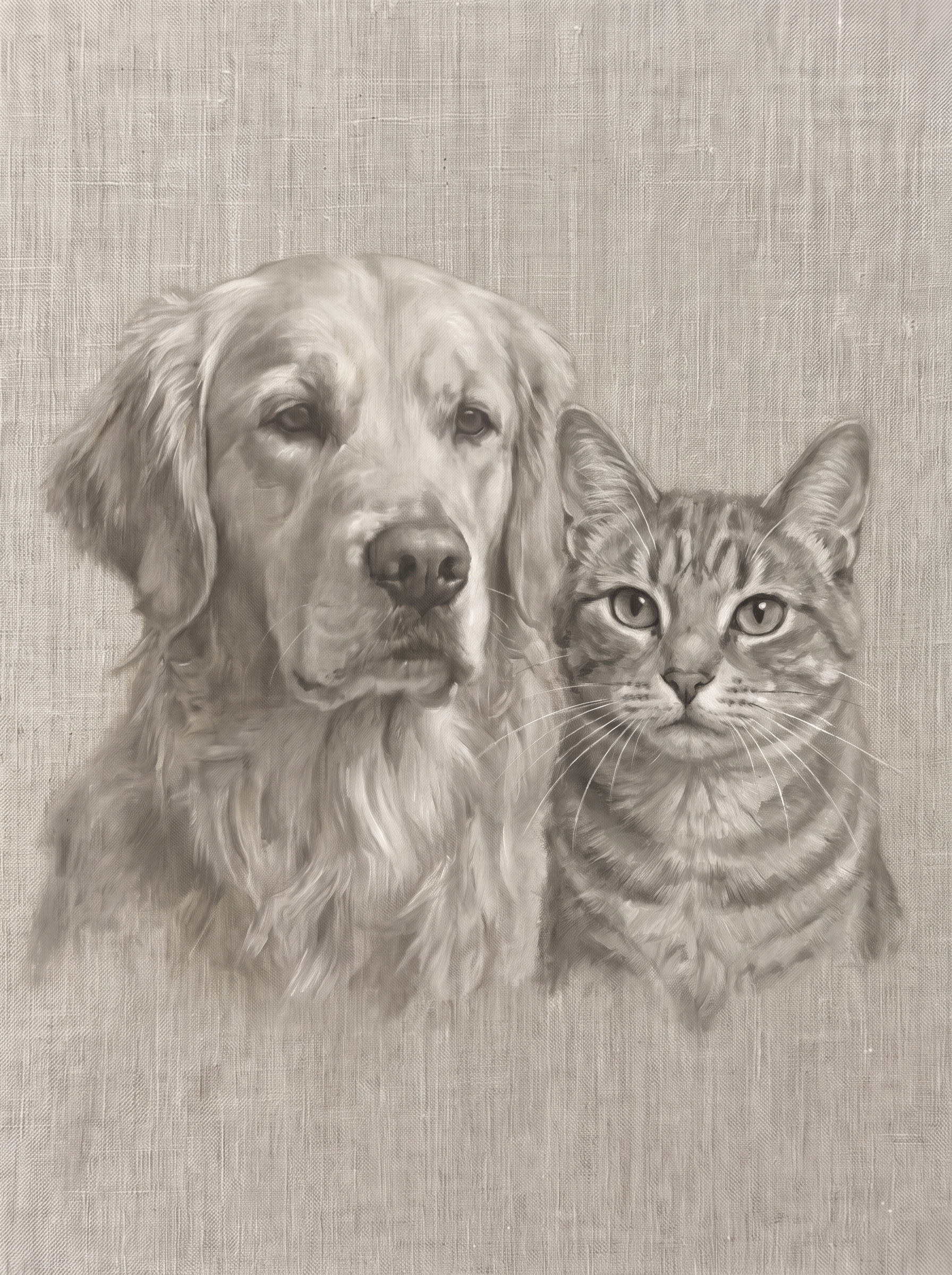 Two pets in one Forever Linen portrait: a dog and a cat side by side on textured linen