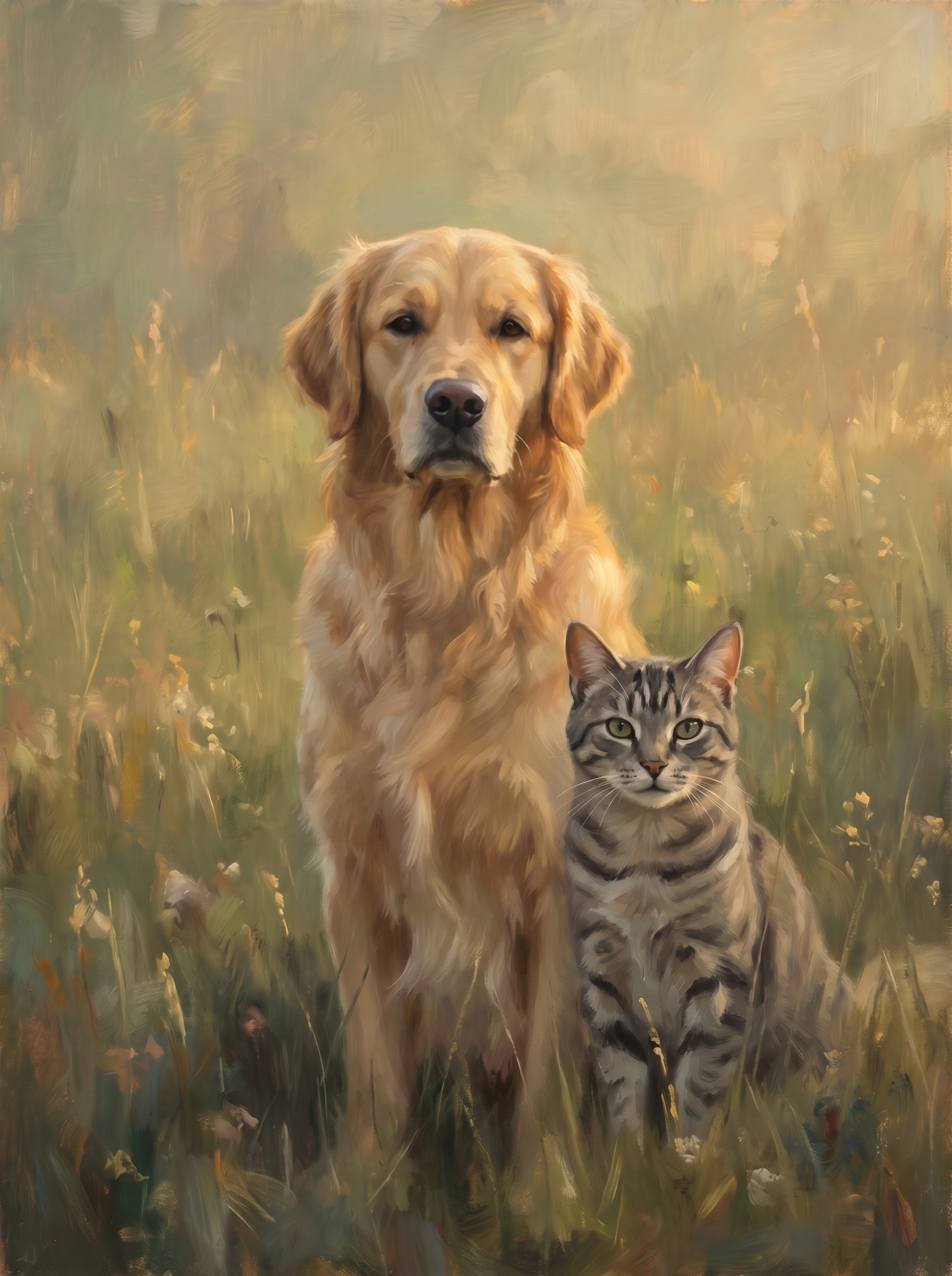 Two pets in one Forever Meadow portrait: a dog and a cat side by side in summer grass