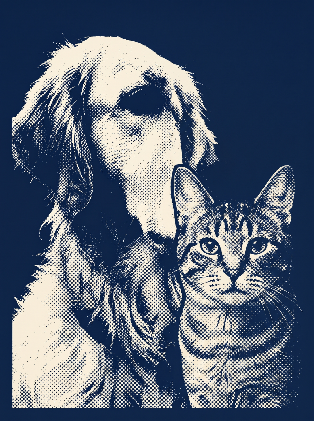 Two pets in one Studio Duotone print: a dog and a cat side by side in navy and bone