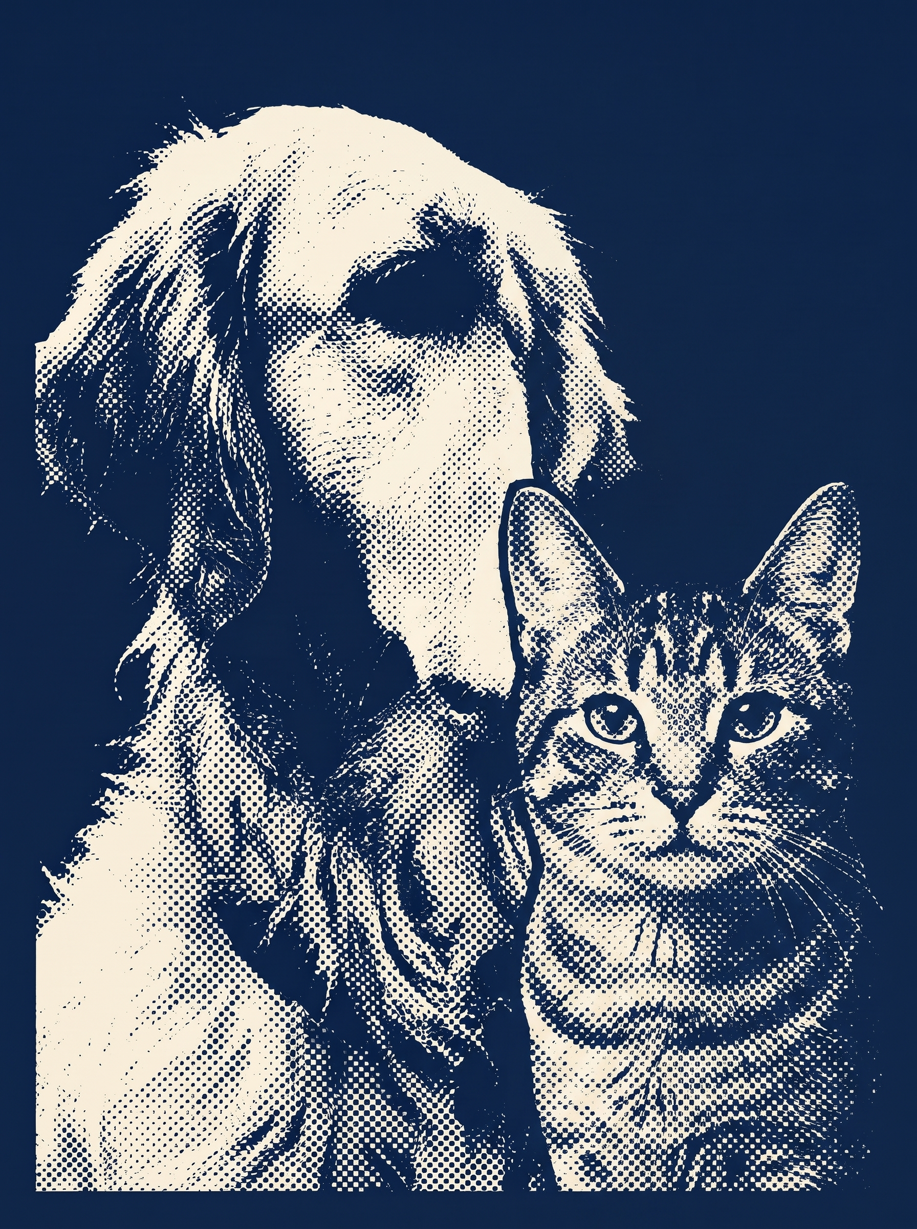 Two pets in one Studio Duotone print: a dog and a cat side by side in navy and bone