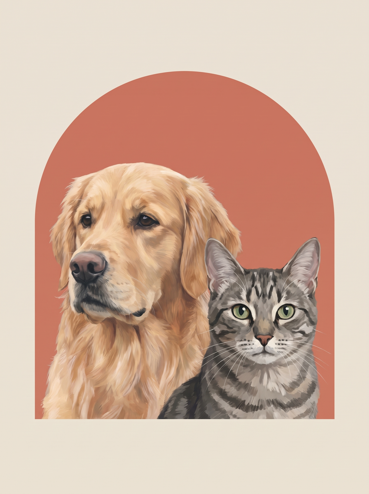 Two pets in one Studio Arc poster: a dog and a cat side by side in front of one arc