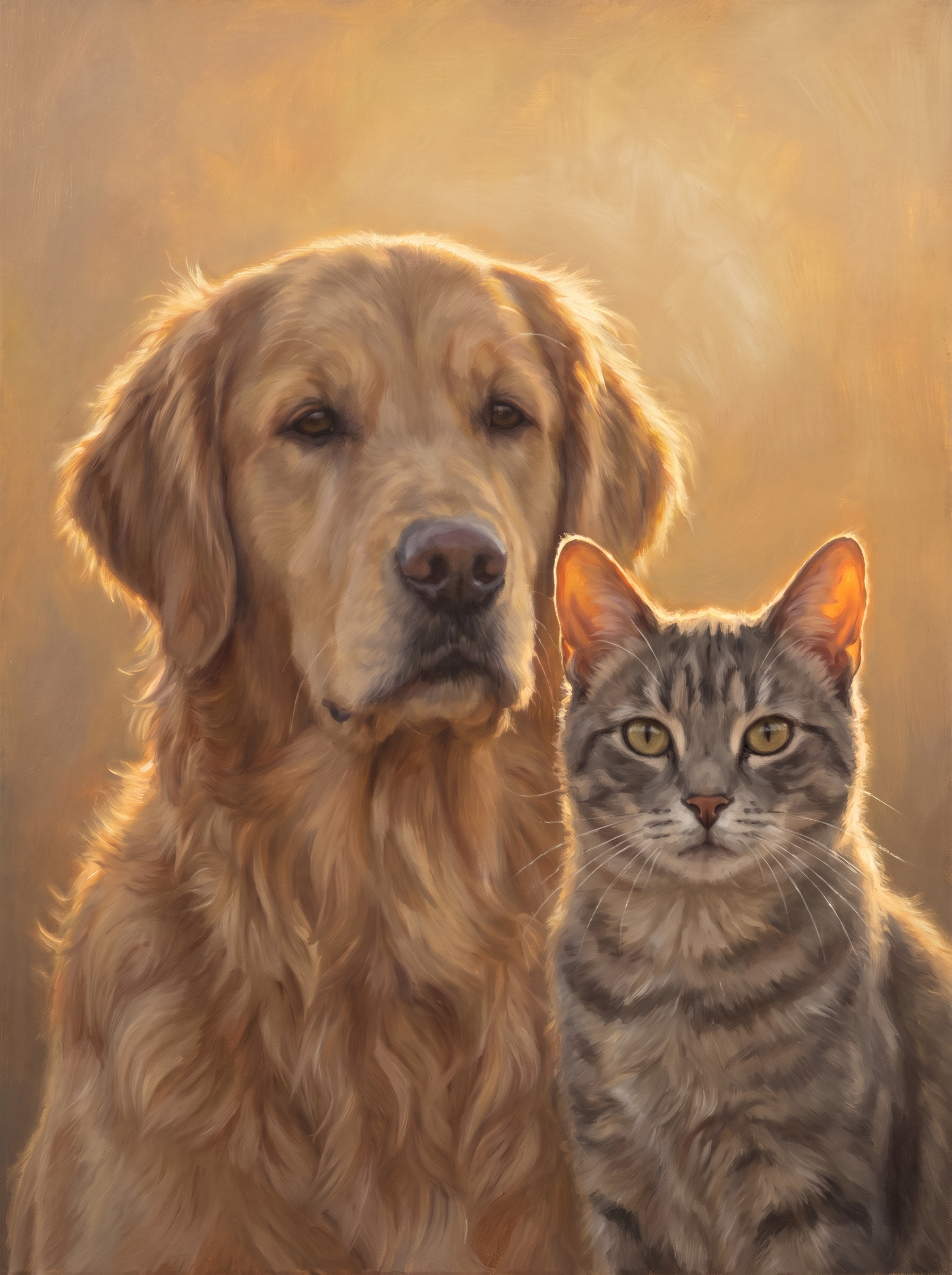 Two pets in one Forever Golden Hour portrait: a dog and a cat side by side in warm backlight