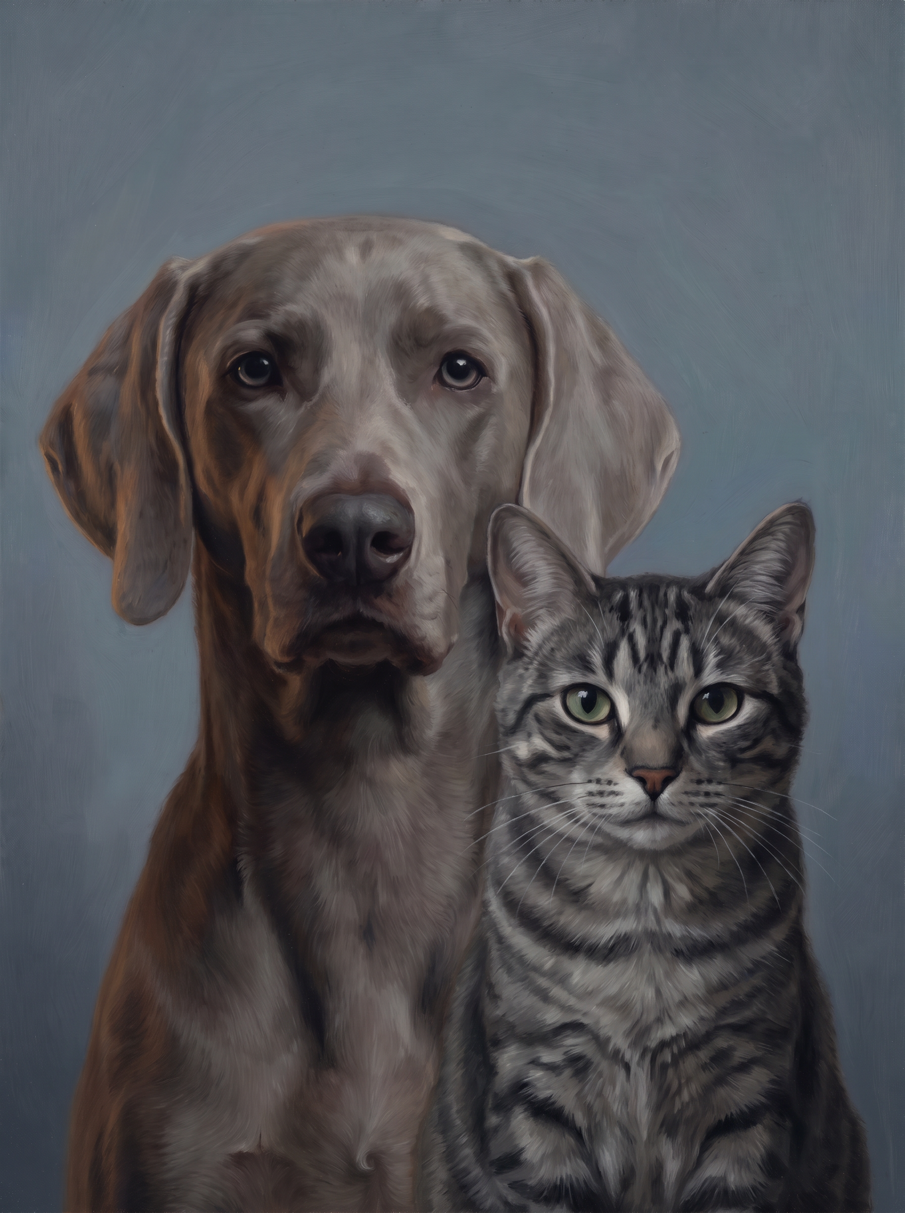 Two pets in one Forever Dusk portrait: a dog and a cat side by side in low dusk light