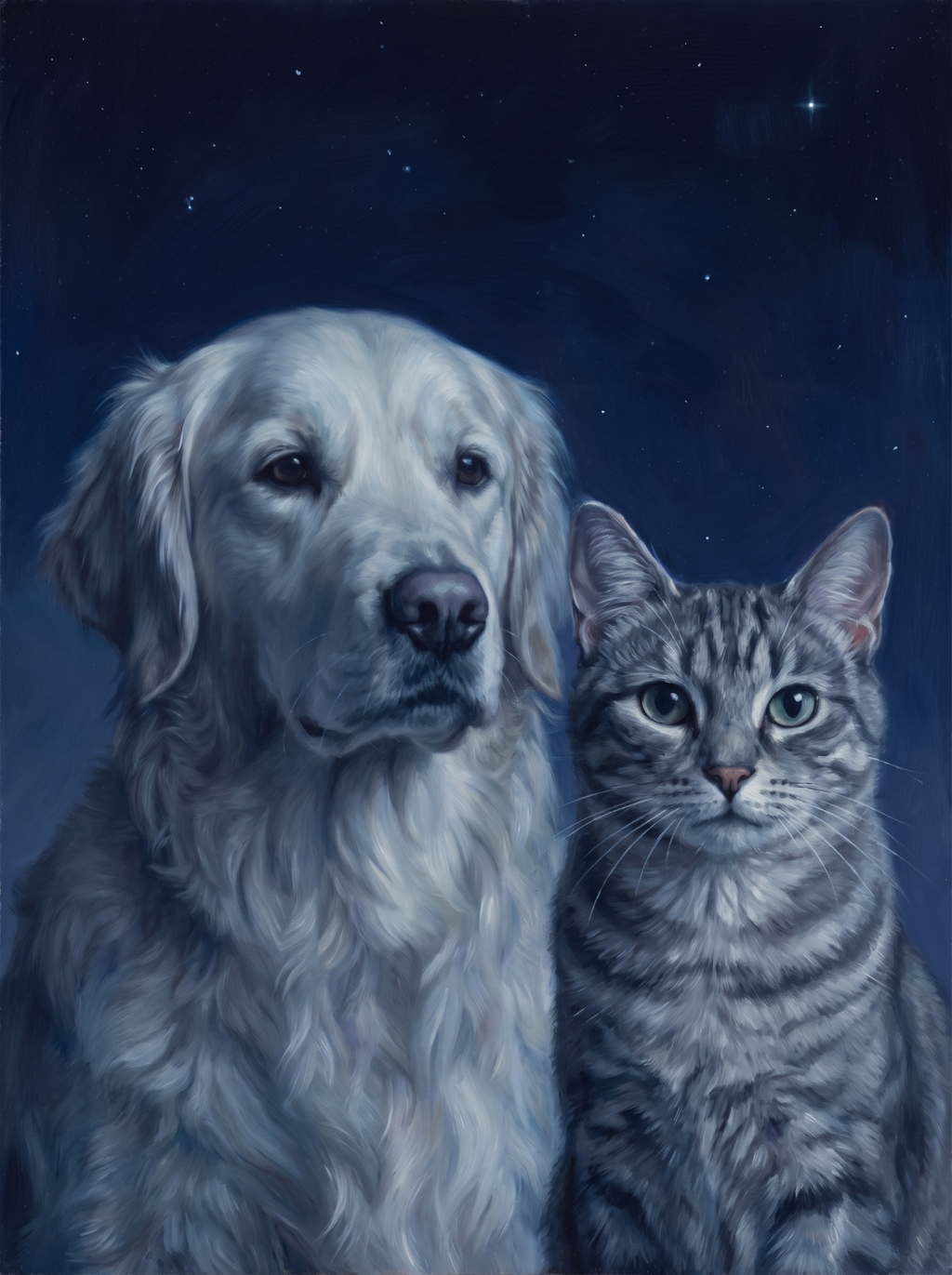 Two pets in one Forever Nightfall portrait: a dog and a cat side by side under a night sky