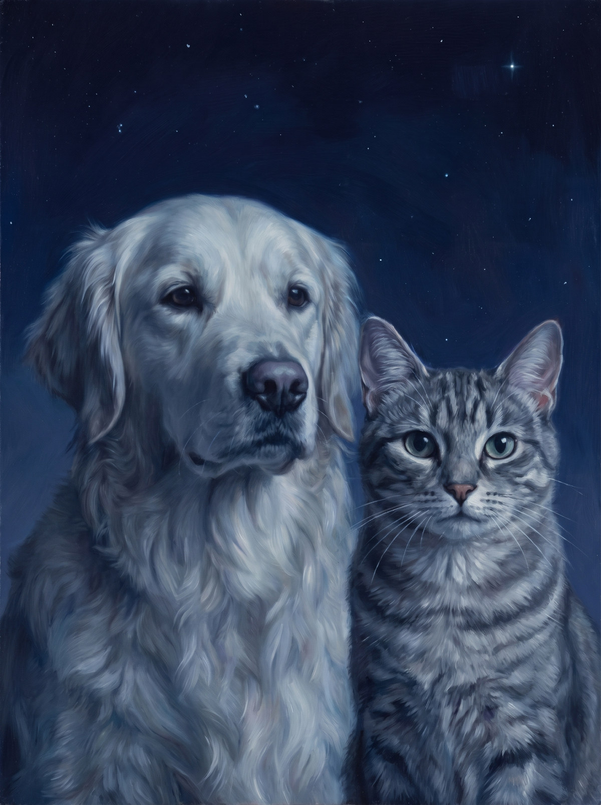 Two pets in one Forever Nightfall portrait: a dog and a cat side by side under a night sky