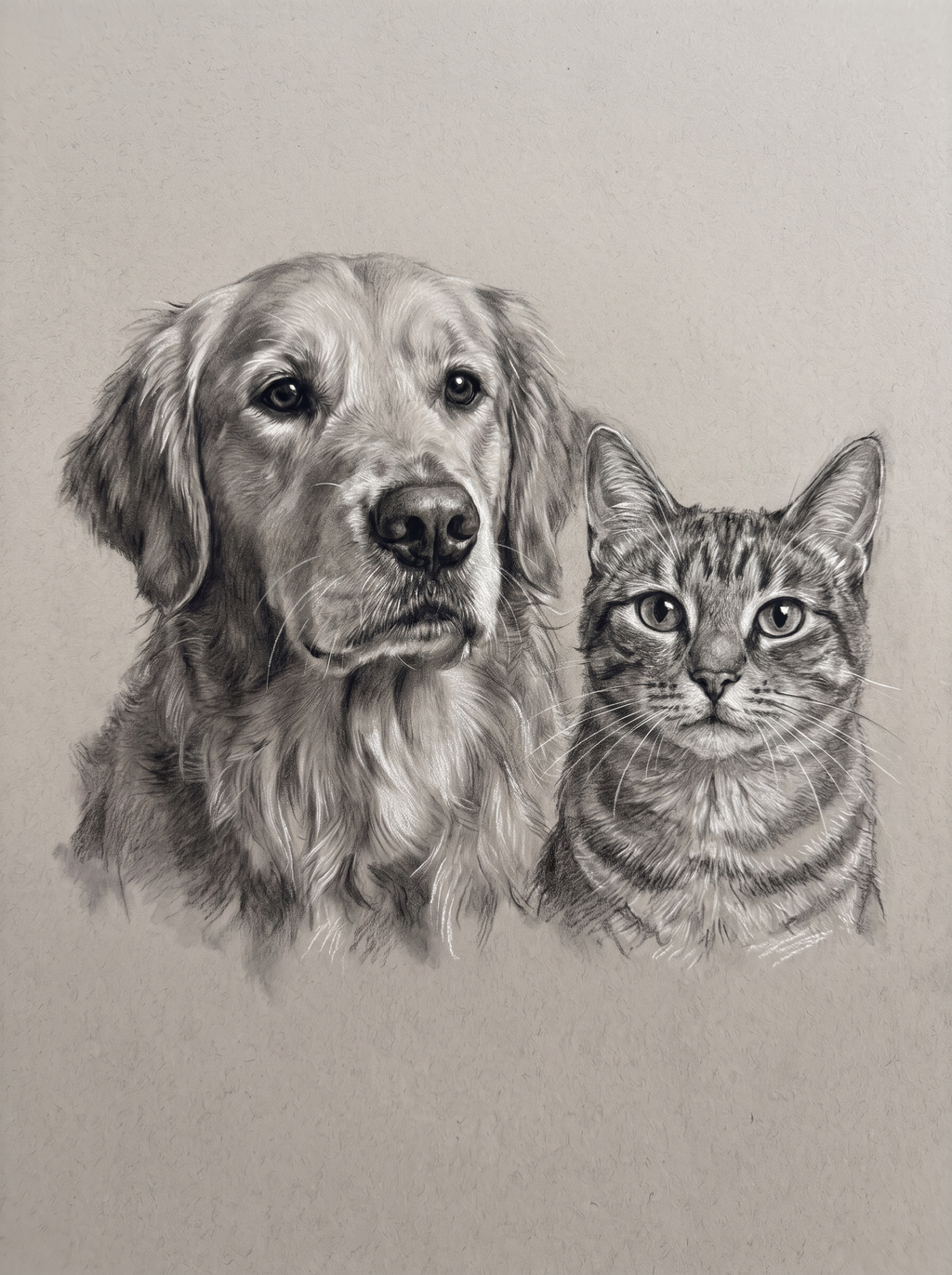 Two pets in one Studio Charcoal drawing: a dog and a cat side by side on grey paper