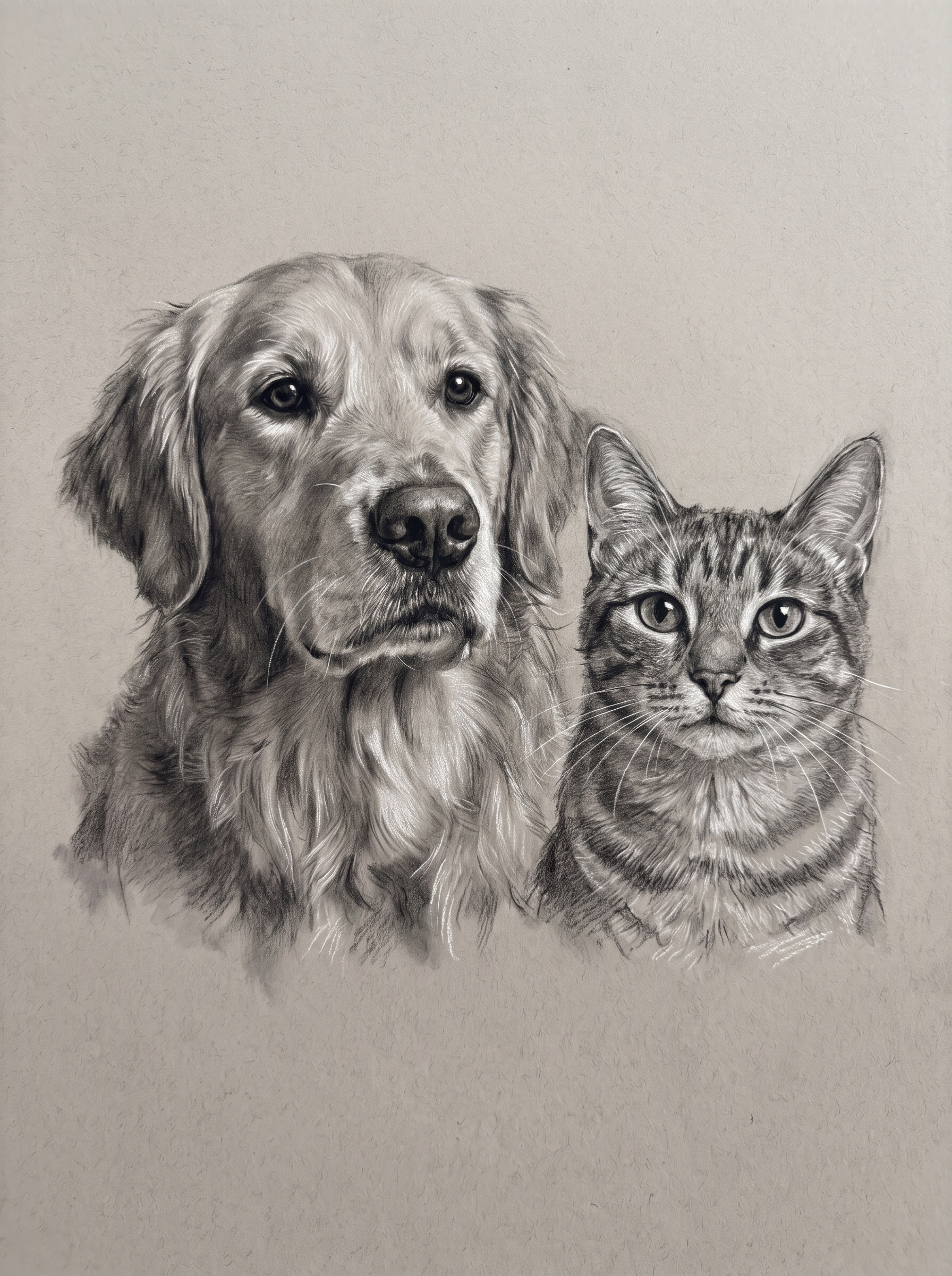 Two pets in one Studio Charcoal drawing: a dog and a cat side by side on grey paper