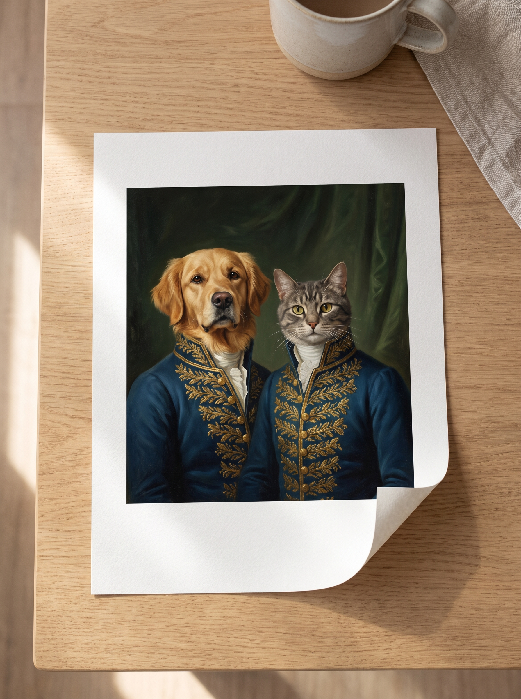 Two pets in one portrait on a matte paper print: a dog and a cat side by side in matching navy coats