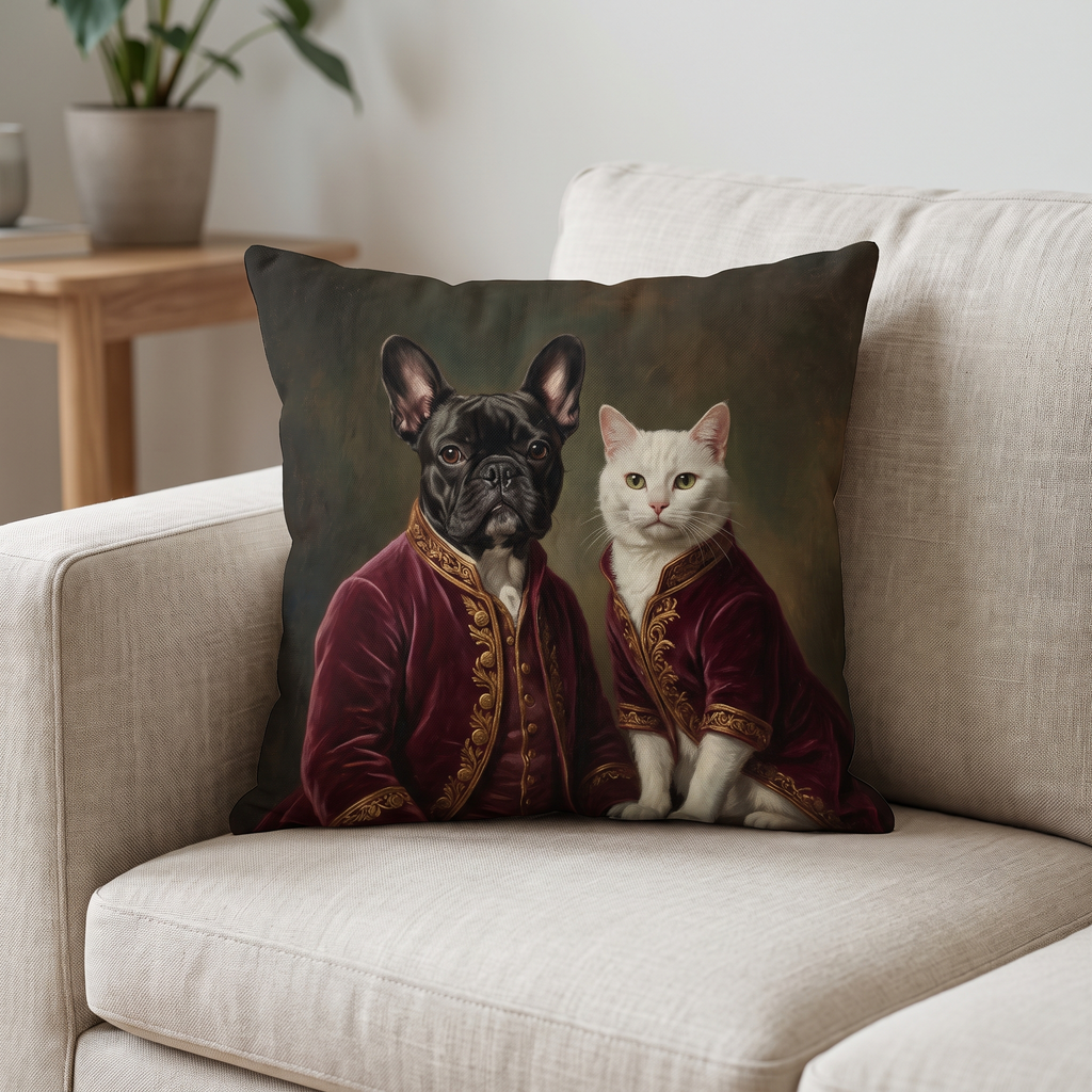 Two pets in one portrait printed on an 18 inch square pillow: a dog and a cat side by side in matching burgundy coats