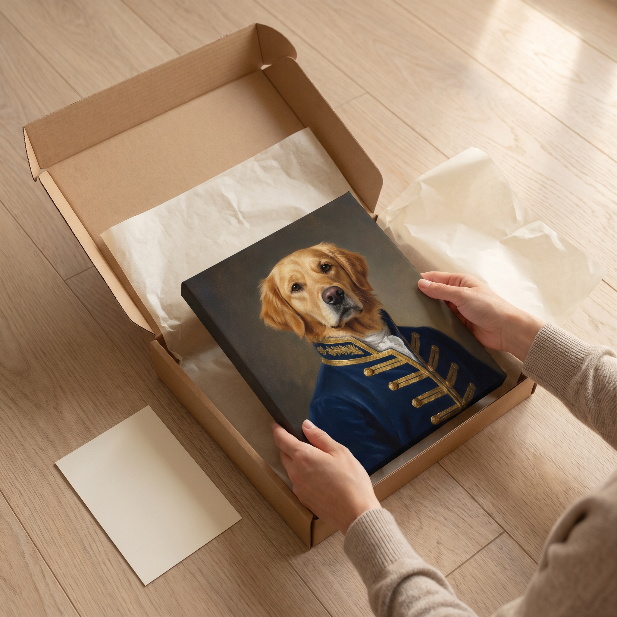 A canvas pet portrait being lifted out of its kraft shipping box