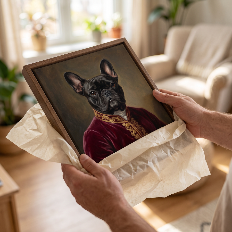 A framed portrait being unwrapped from tissue paper