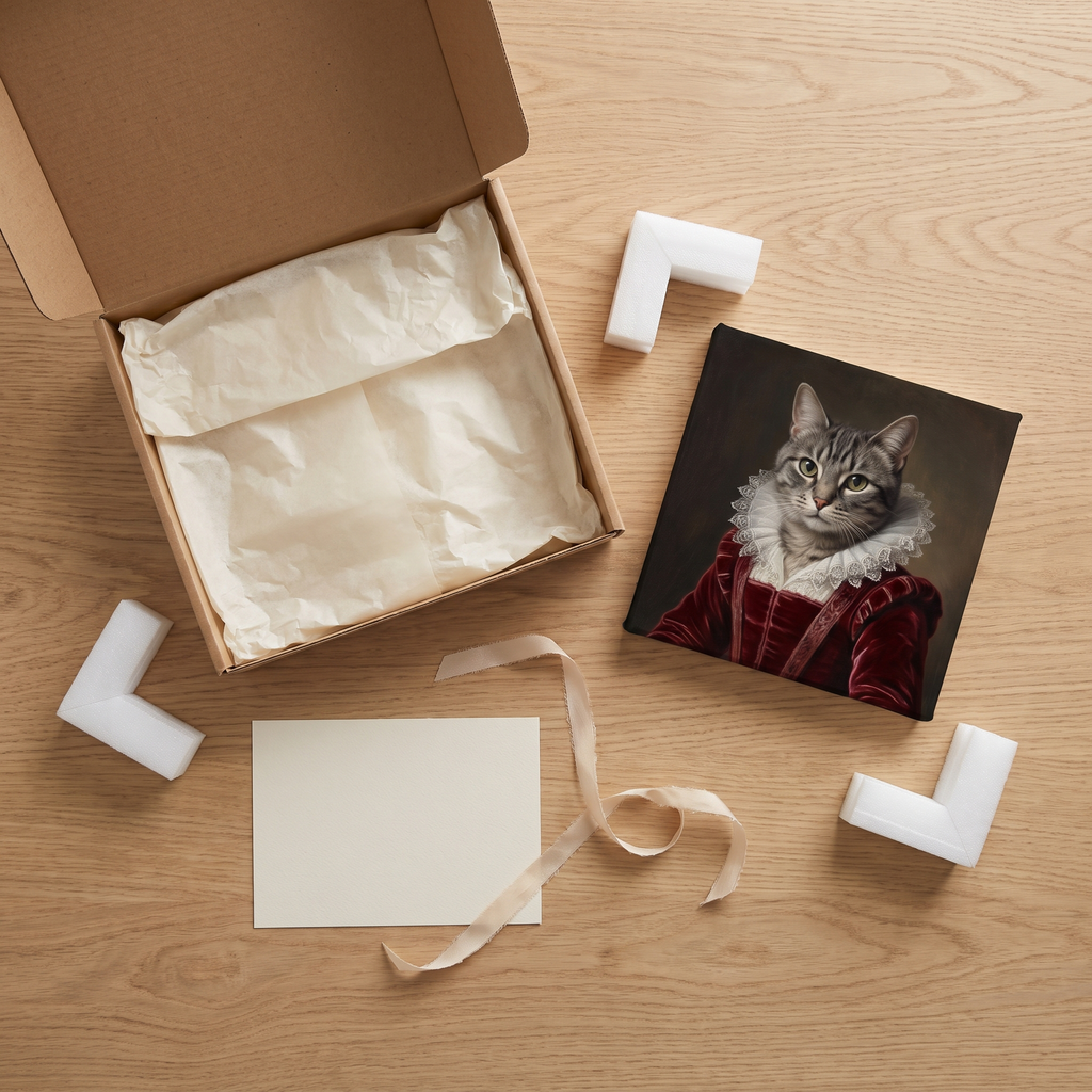 Flat lay of the opened box, tissue paper, corner protectors and the canvas