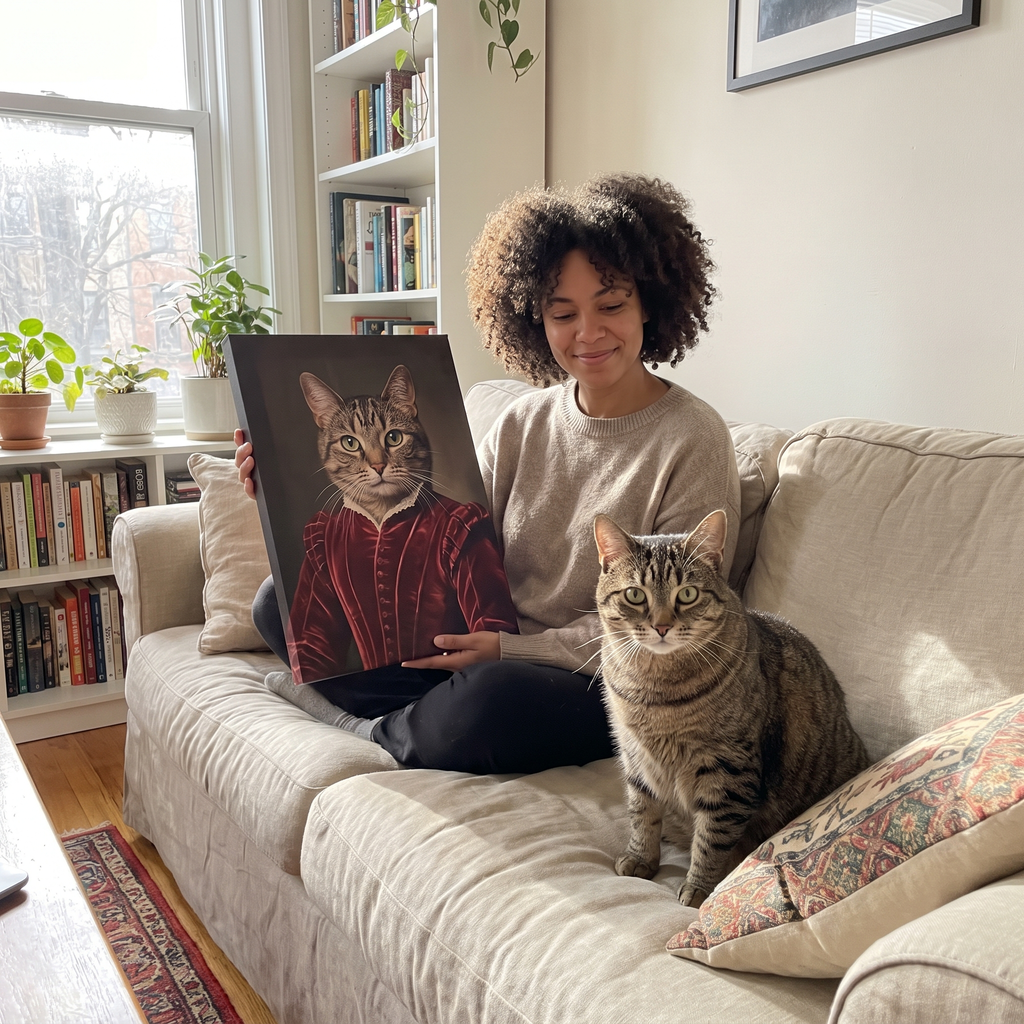 A woman on a sofa holding a canvas pet portrait, her tabby cat beside her