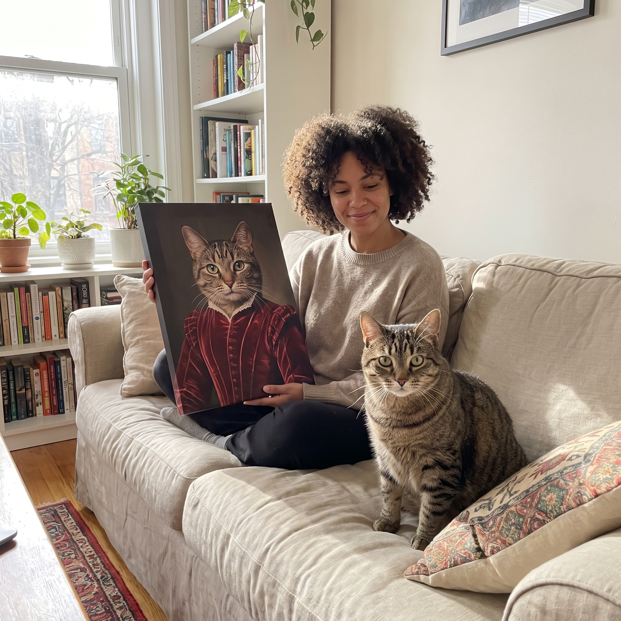A woman on a sofa holding a canvas pet portrait, her tabby cat beside her