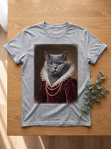 A cat in the Duchess portrait style printed on a heather grey unisex t-shirt, flat lay