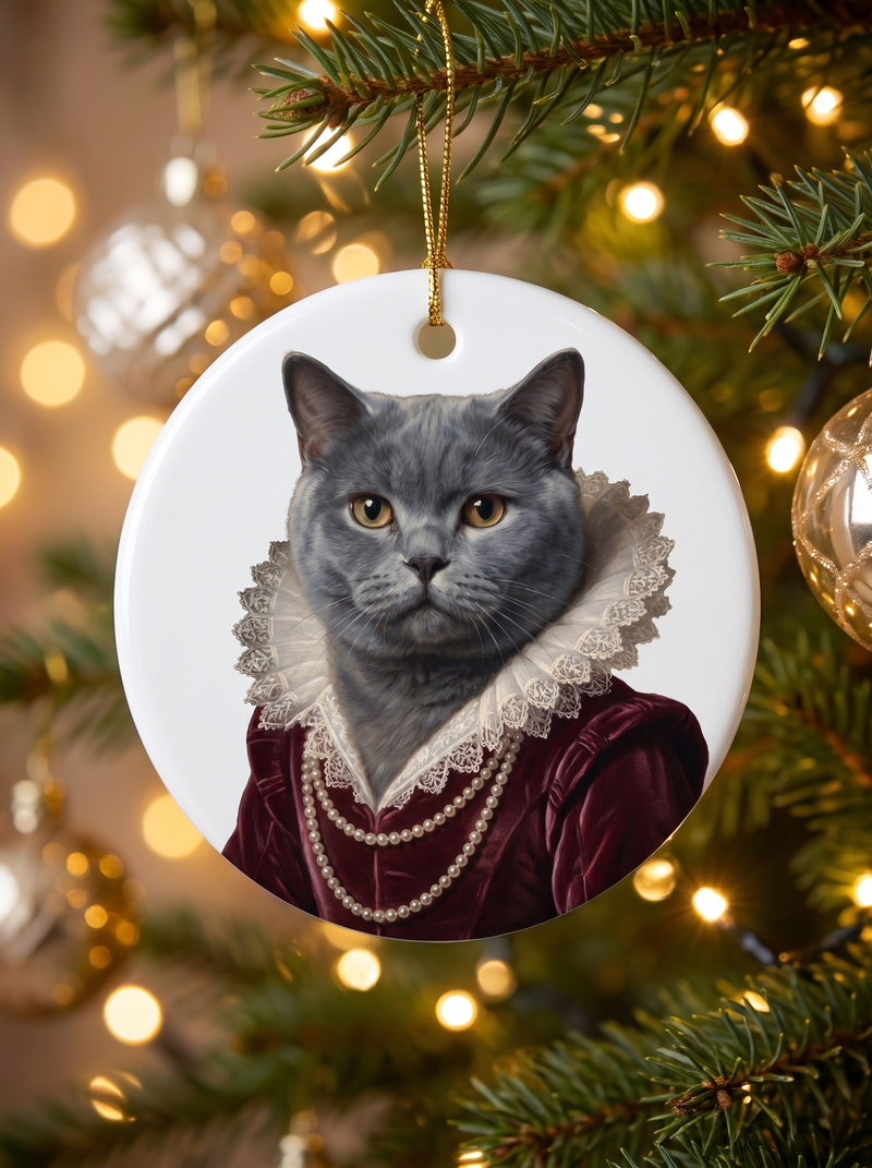 A cat in the Duchess portrait style on a ceramic ornament hanging on a Christmas tree