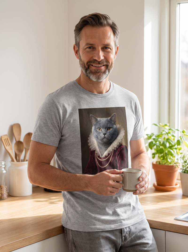 A cat in the Duchess portrait style printed on a heather grey unisex t-shirt, worn in the kitchen