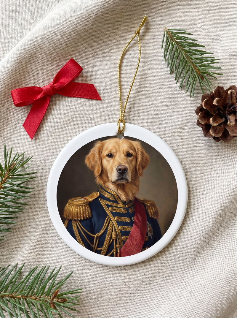 A dog in the Admiral portrait style on a ceramic ornament, flat lay with ribbon and pine