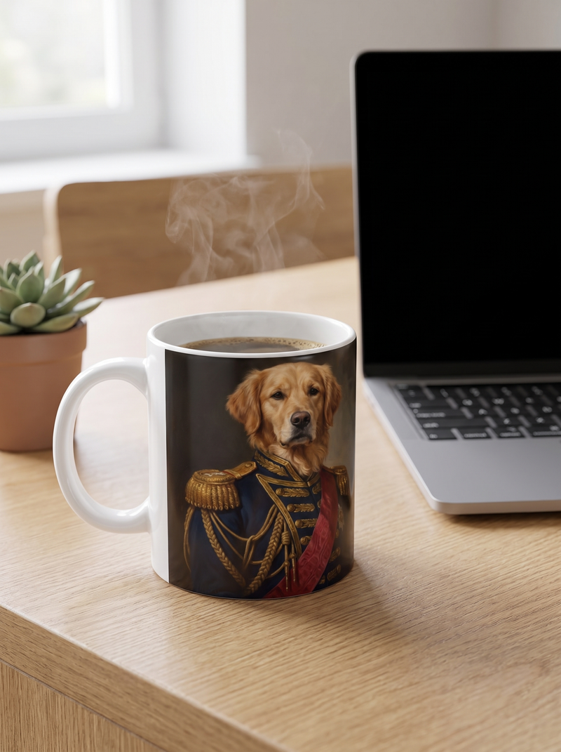 A dog in the Admiral portrait style on an 11 oz mug on a home office desk