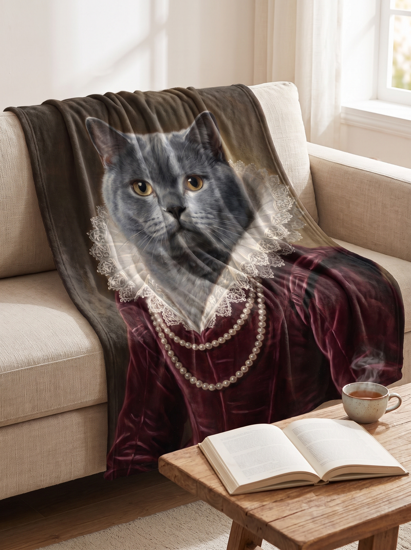 A cat in the Duchess portrait style on a fleece blanket draped over a linen sofa