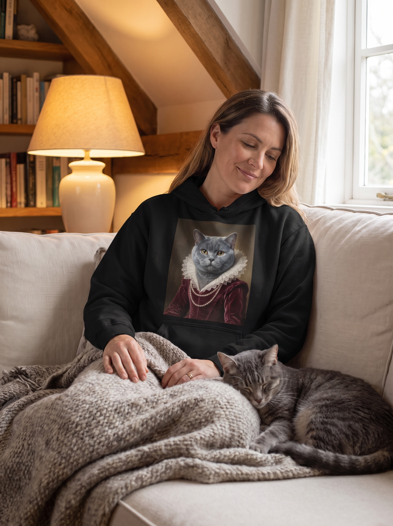 A cat in the Duchess portrait style printed on a black heavyweight hoodie, worn in a reading nook