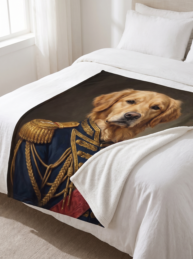 A dog in the Admiral portrait style on a fleece blanket folded at the foot of a bed