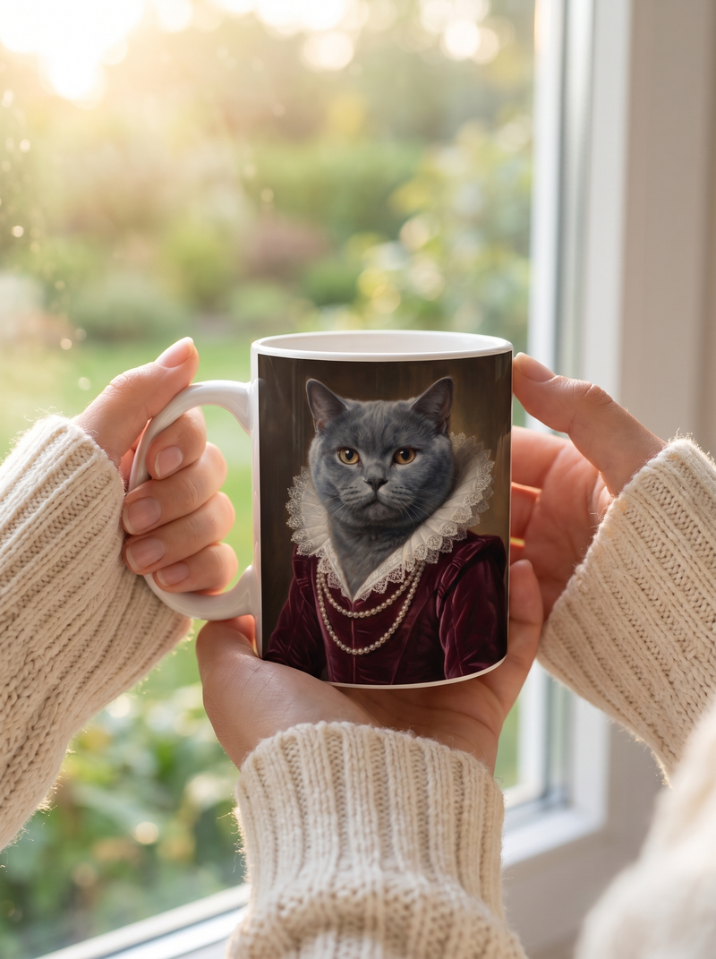 A cat in the Duchess portrait style on an 11 oz mug held in two hands by a window