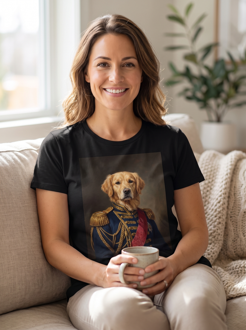 A dog in the Admiral portrait style printed on a black unisex t-shirt, worn on a sofa at home